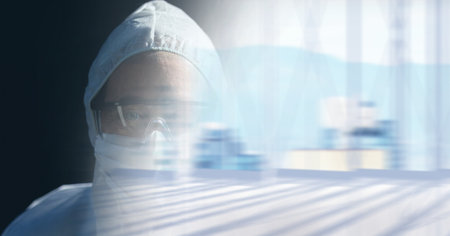 Composition of person wearing ppe suit and mask, with blurred copy space. medical services and research during covid 19 pandemic concept digitally generated image.の写真素材
