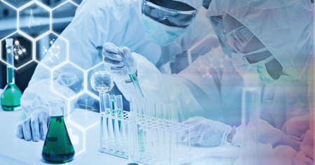 Composition of scientists in ppe suits with test tubes working in laboratory and chemical compounds....