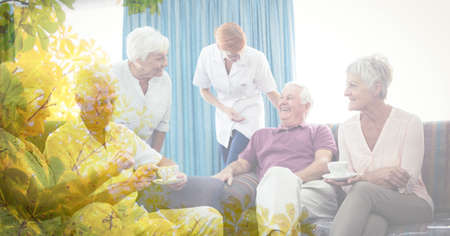 Composition of smiling senior caucasian men and women with female doctor with tree overlay....