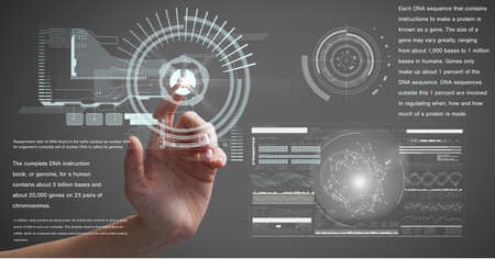 Composition of hand using medical research data interface touchscreen on grey background. global...
