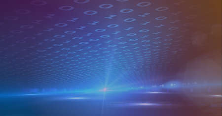 Composition of binary coding processing over purple background. global technology, data processing...