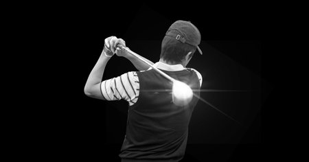 Composition of male golf player with golf club with copy space in black and white. background. sport and competition concept digitally generated image.の写真素材