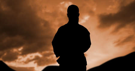 Composition of silhouette of male martial artist over orange sky with sun setting. sport and competition concept digitally generated image.の写真素材