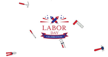 Composition of labour day celebration text with tools and american flag on white background. patriotism and celebration concept digitally generated image.の写真素材