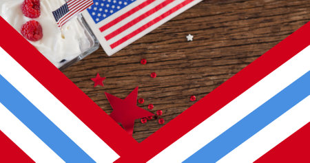 Composition of stars and stripes over american flag on wooden surface. patriotism and celebration concept digitally generated image.の写真素材