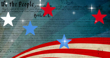 Composition of stars and stripes of american flag over american constitution text on blue...