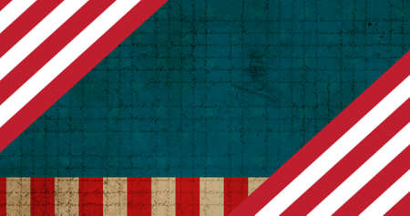 Composition of red and white stripes over american flag with copy space on blue surface. patriotism...