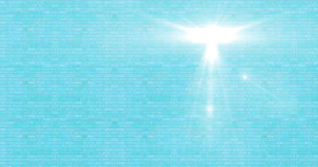 Composition of white glowing light with copy space on blue brick wall. pattern, light and colour...