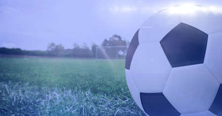 Composition of football on white line on grass pitch. sport and fitness concept digitally generated...
