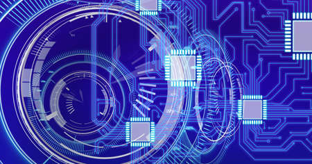 Composition of computer motherboard circuits and microchips with circular scopes on blue. global...