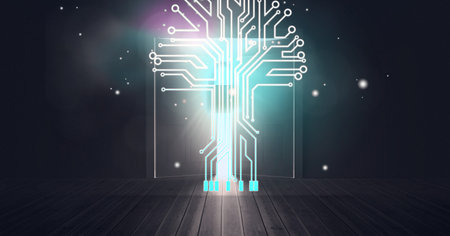 Composition of glowing computer motherboard circuits with padlock on dark room background. global computer and digital security concept digitally generated image.の写真素材