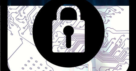 Composition of white computer motherboard with padlock on central black circle, with black frame....