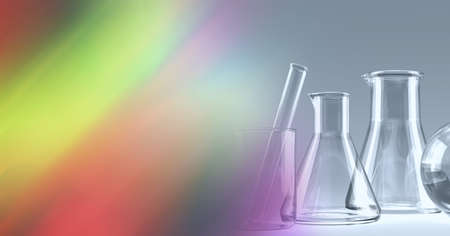 Composition of empty conical flasks and stirrer, with blurred colourful copy space. medical and...