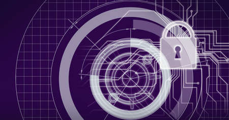 Composition of glowing circuits on computer motherboard with scopes and padlock on black. global computer and digital security concept digitally generated image.の写真素材