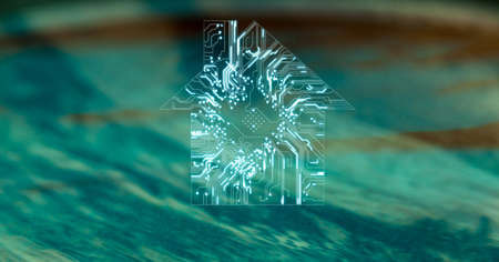 Composition of glowing house shaped computer motherboard over blurred green water background. global communication and computer technology concept digitally generated image.の写真素材