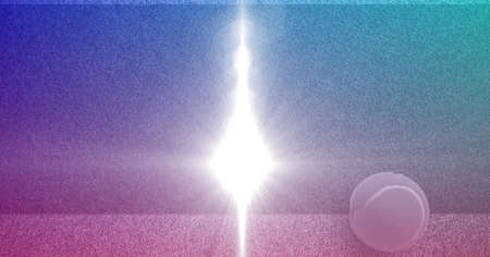 Composition of tennis ball on white line on tennis court with light and blue tinted background....