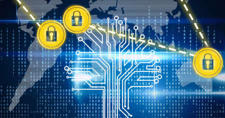Composition of grey world map, binary numbers and motherboard with connected padlock icons on black....