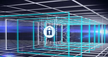 Composition of grey padlock icon with circuits in 3d grid on dark background. global computer and digital security concept digitally generated image.の写真素材