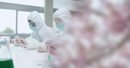 Composition of scientists in ppe suits with test tubes working in laboratory and copy space. research and science concept digitally generated image.の写真素材