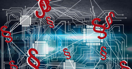 Composition of connected red legal code symbols over motherboard and microchips on black. global...