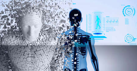 Composition of fragmenting human model, with human x ray and medical interface. global medicine, research and digital interface concept digitally generated image.の写真素材