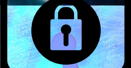 Composition of blue computer motherboard with padlock on central black circle, with black frame....