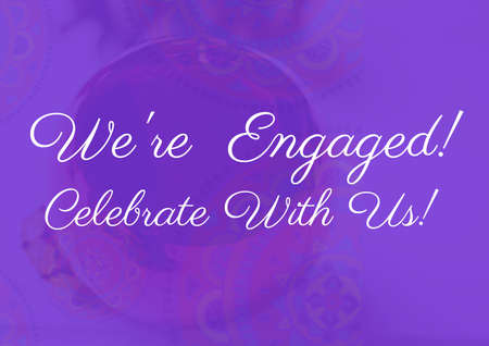 Composition of we're engaged celebrate with us text over indian pattern on purple background....