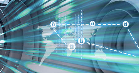 Composition of world map and connected white padlock icons on motion blurred background. global...