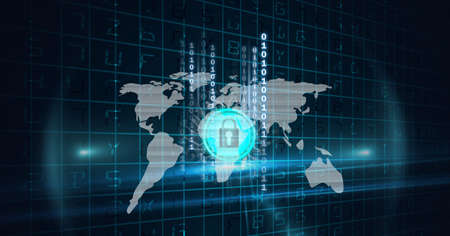 Composition of blue padlock icon with map and binary over grid, with lights on black background....
