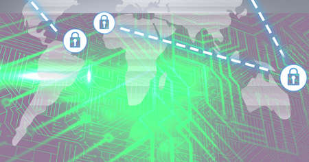 Composition of grey world map with glowing green motherboard with connected white padlock icons....