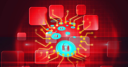 Composition of blue padlock icons with yellow circuits on background of red squares. global computer...