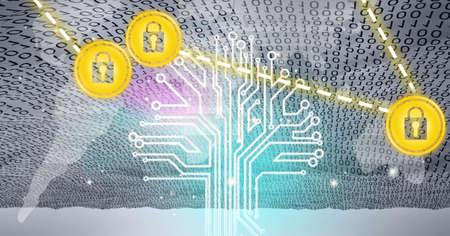 Composition of grey world map, binary numbers and motherboard with connected yellow padlock icons....
