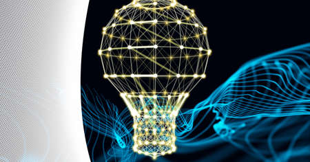 Composition of light bulb formed with network of connection on blue trails on white and black....