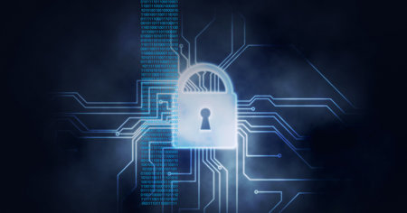 Composition of white padlock and circuitboard with blue binary coding on black background. global...