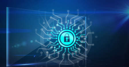 Composition of blue padlock icon with circuits on transparent screen on dark background. global...
