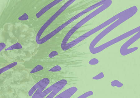 Composition of purple scribbles on green background with floral design. colour, nature and energy...