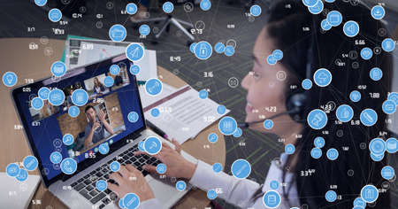Composition of network of digital icons over businesswoman on laptop video call. global connections,...