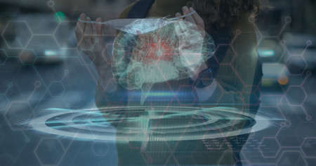 Composition of medical data processing over caucasian woman putting face mask on. global covid 19 pandemic and digital interface concept digitally generated image.の写真素材