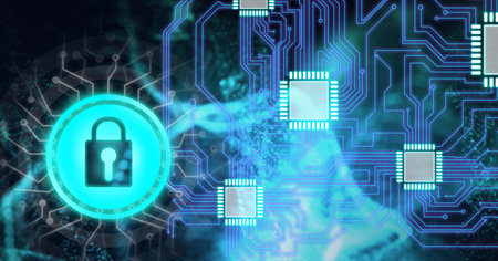 Composition of online security padlock icon over computer processor and circuit board. global...
