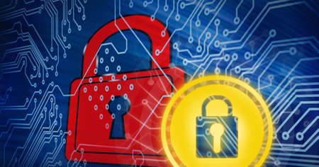 Composition of online security padlock icons over computer circuit board. global online security,...