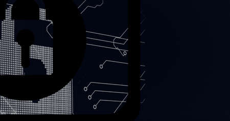 Composition of online security padlock icon over computer circuit board. global connections,...