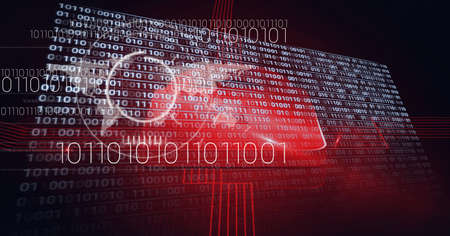 Composition of online security padlock icon, scopes and binary coding. global online security, connection, technology and digital interface concept digitally generated image.の写真素材