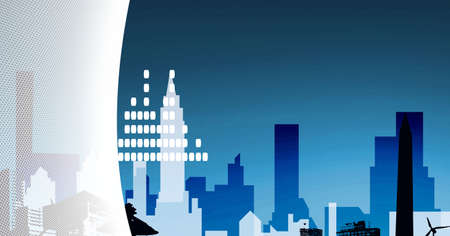 Composition of sound frequency block level meter over grey and blue cityscape with white copy space. audio sound visualisation concept digitally generated image.の写真素材