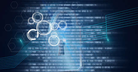 Composition of online security padlock icon, scopes and binary coding. global online security,...