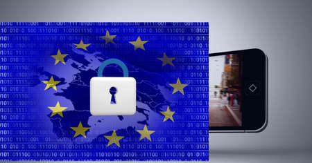 Composition of network of online security padlock icon over european flag and smartphone. global online security, connection, technology and digital interface concept digitally generated image.の写真素材
