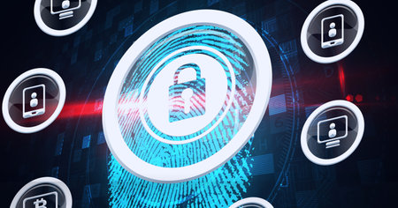 Composition of biometric fingerprint with online people and security padlock icons. global online...