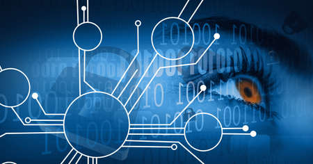 Composition of binary coding and network of connections, circuit board over woman's eye. global...