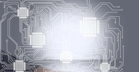 Composition of computer circuit board over handshake and cityscape. global online security,...