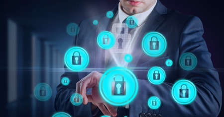 Composition of online security padlock icons over businessman checking time. global online security,...
