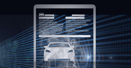 Composition of car and data processing over screen and data processing. global car industry, technology and digital interface concept digitally generated image.の写真素材